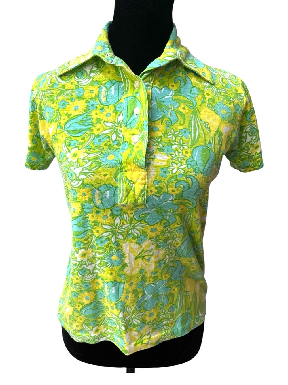 Vintage Lilly Pulitzer Cotton Polo Shirt Small Blue Lime Pattern Preppy Coastal